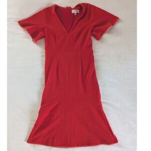 Shilla Midi Dress Red Ribbed Flutter Sleeve Mermaid Hem Pink Pom Pom Trim Sz M